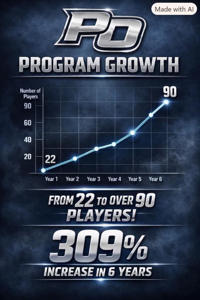 P-O program growth chart showing increase from 22 players to over 90 players in six years, a 309 percent increase